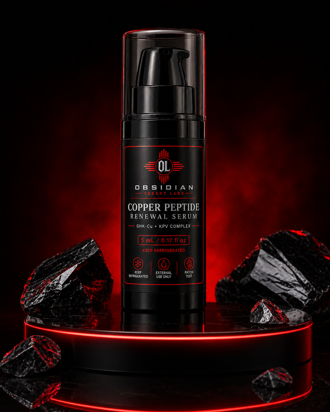 Obsidian Desert Labs Copper Peptide Renewal Serum bottle on glowing red pedestal