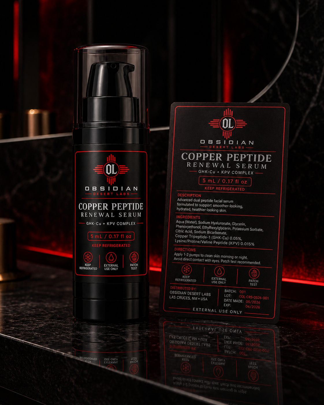 Obsidian Desert Labs serum bottle with info card